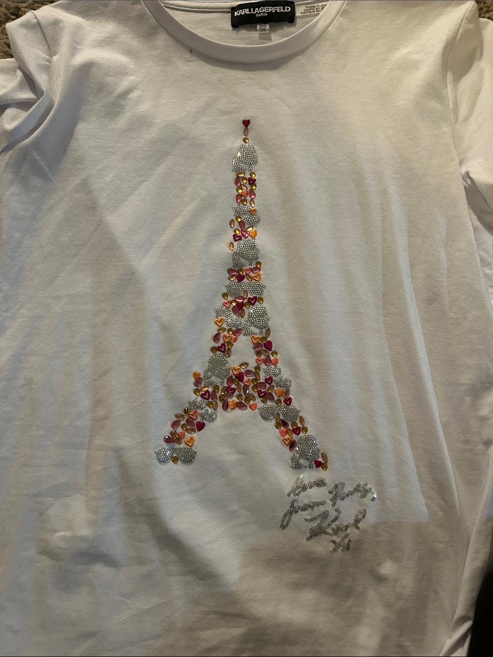 Karl Lagerfeld White Tee with Jeweled Eiffel Tower Accent